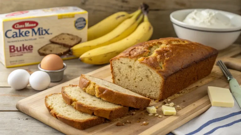 freshly baked loaf of Banana Bread Recipe With Cake Mix. Showcase the golden-brown crust, fluffy texture, and a few slices on a cutting board